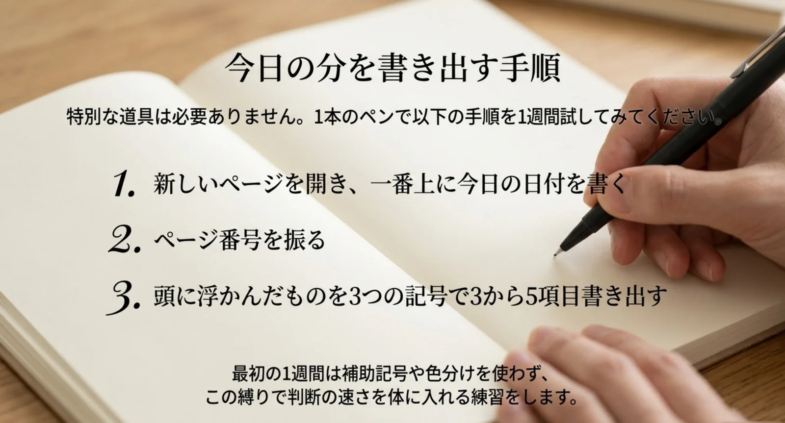 今日の分を書き出す3つの手順を並べたスライド