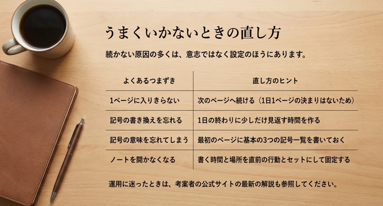 入りきらない・書き換え忘れなど4つのつまずきと対処を並べた表のスライド
