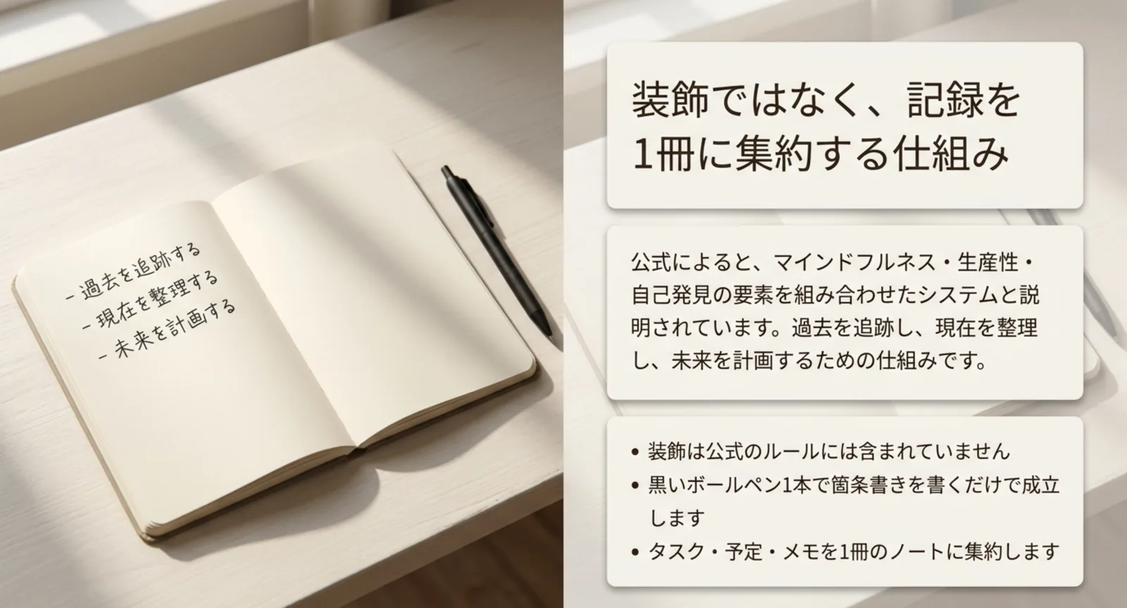 開いたノートに箇条書きを書いた写真と公式の定義を並べたスライド