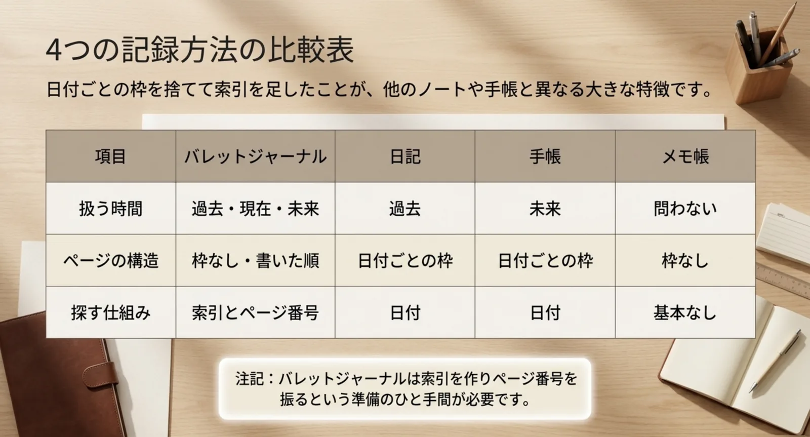 4つの記録方法を扱う時間・ページの構造・探す仕組みで比べた表のスライド