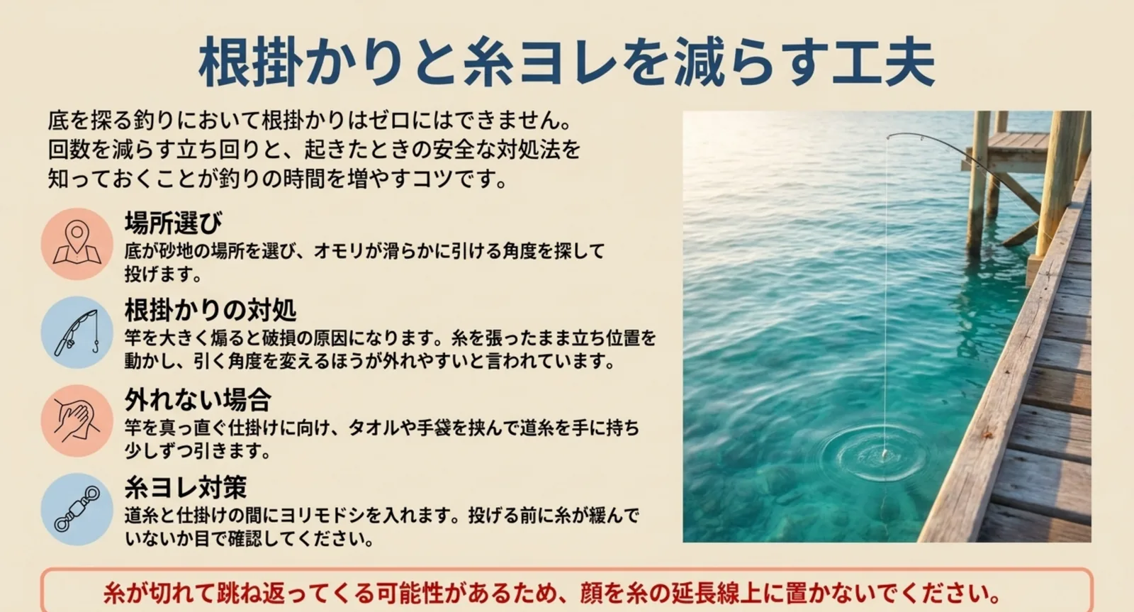 場所選びから根掛かりの外し方と糸ヨレ対策までをまとめたスライド