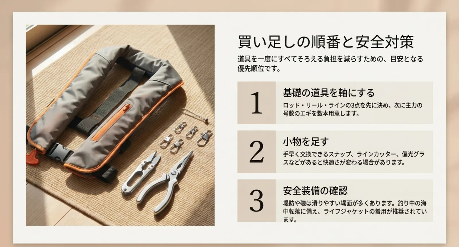 道具をそろえる優先順位とライフジャケットなど安全装備の確認を示したスライド