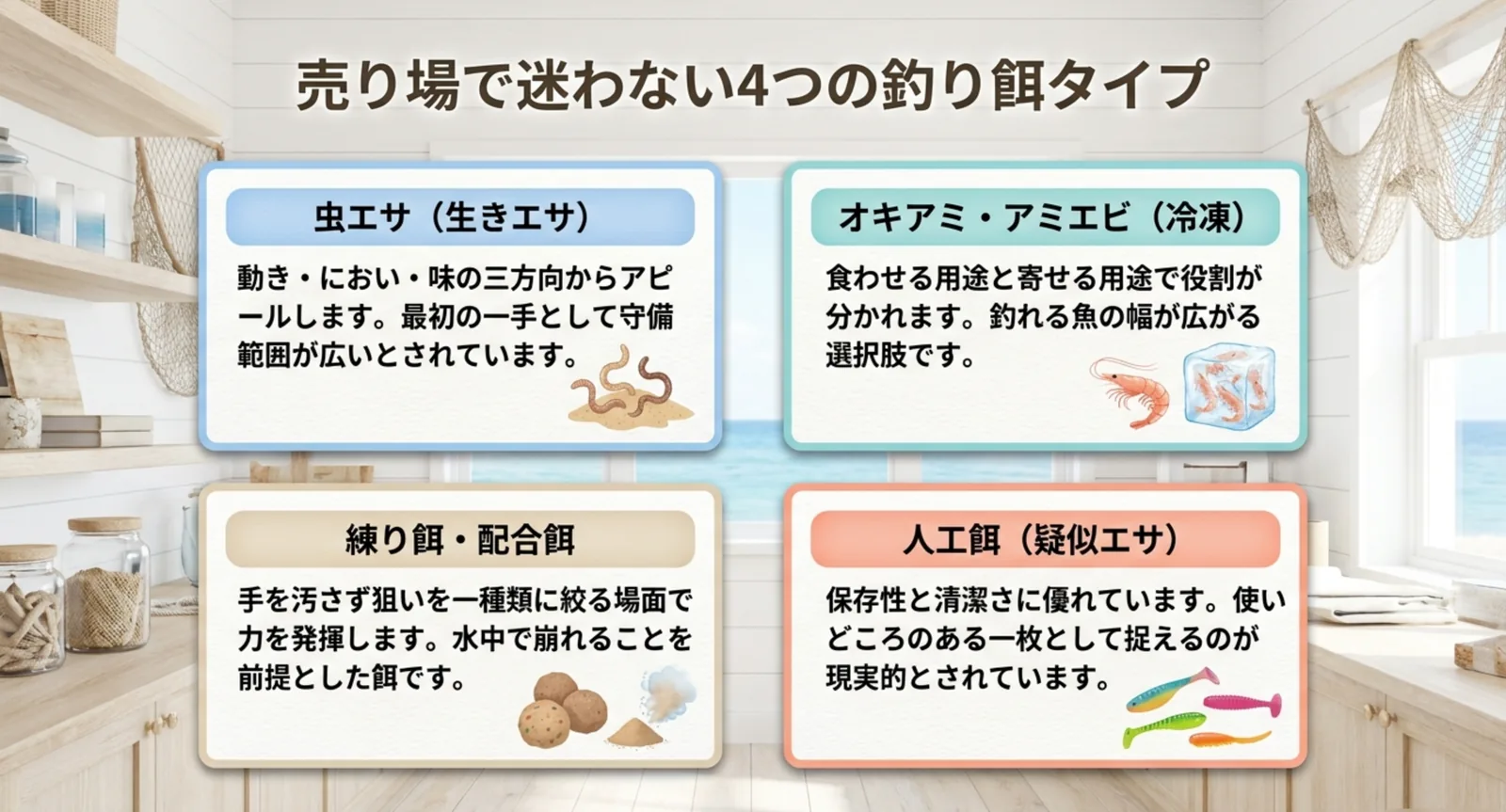 虫エサ・オキアミ・練り餌・人工餌の4タイプの特徴を並べたスライド