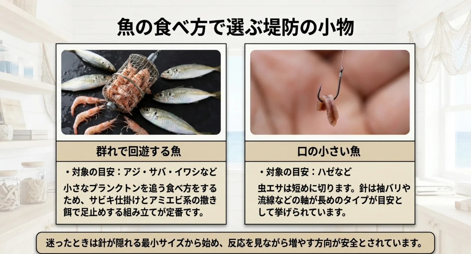 群れで回遊する魚と口の小さい魚で餌と仕掛けの組み立てを分けたスライド