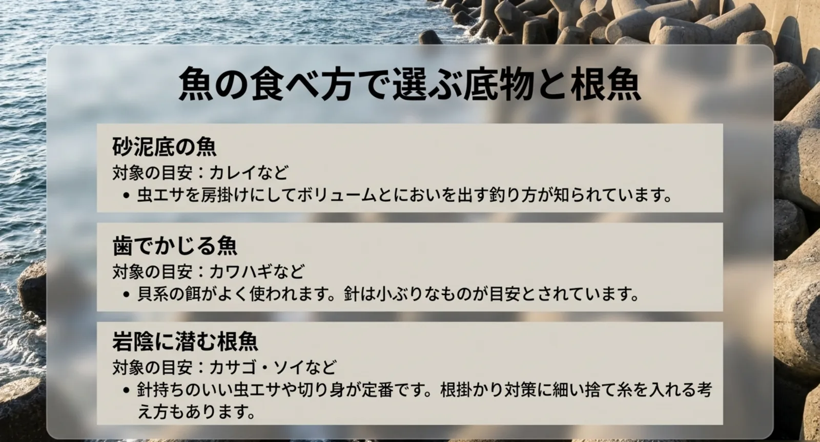 カレイ・カワハギ・カサゴなど底物と根魚に向く餌を魚の食べ方別に整理したスライド