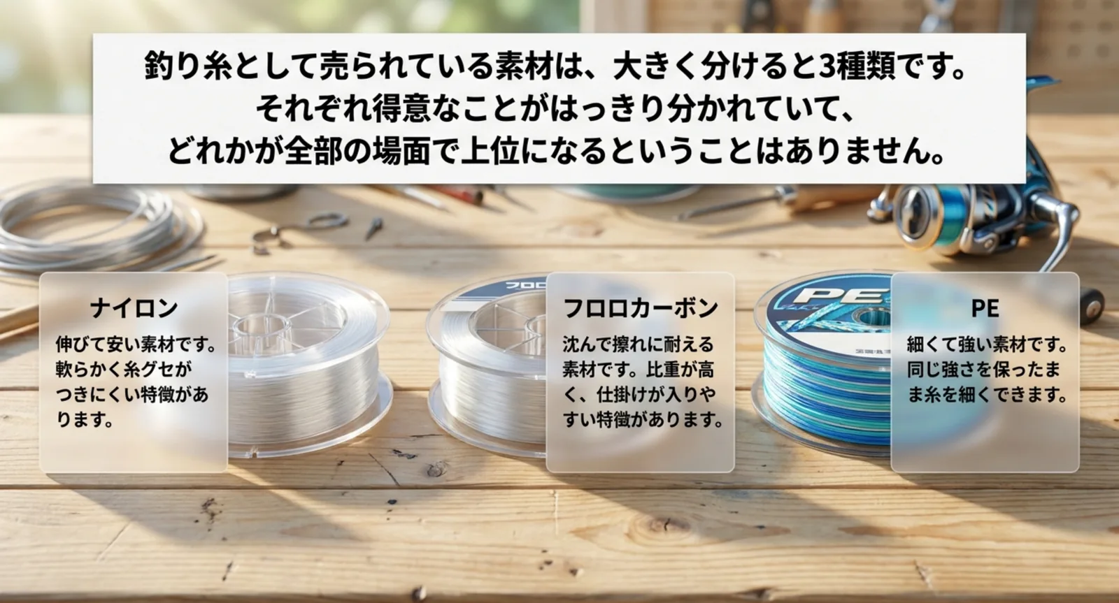 ナイロン・フロロカーボン・PEそれぞれの特徴を1枚にまとめたスライド