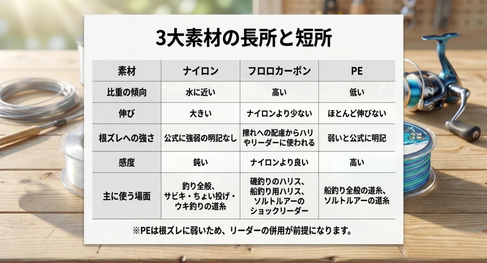 3種類の釣り糸を比重や伸びなど5項目で比べた表のスライド