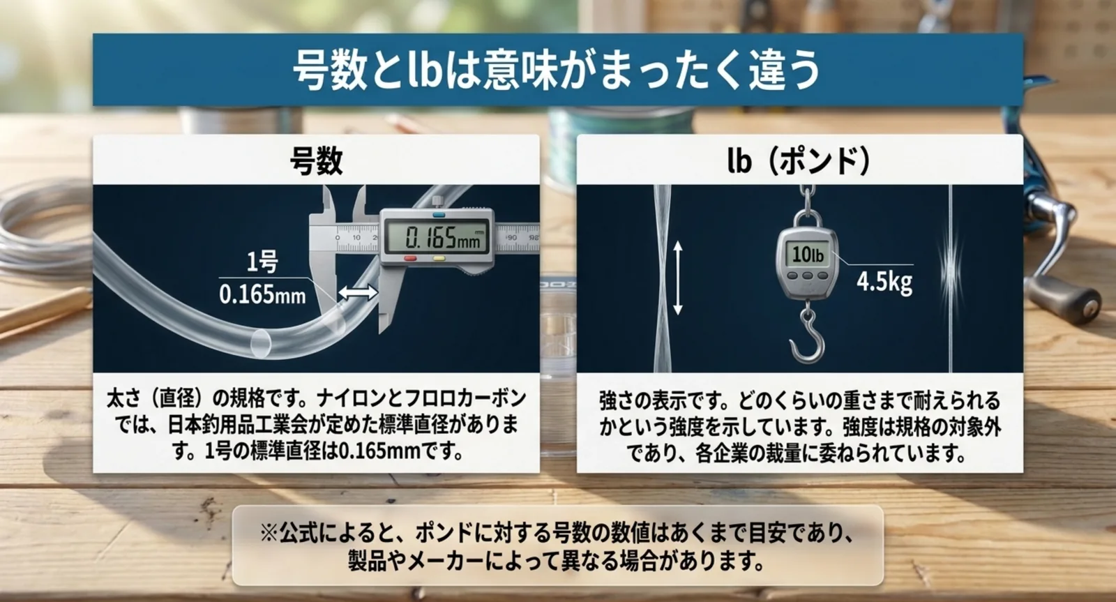 号数が太さの規格でlbが強度の表示であることを図で示したスライド