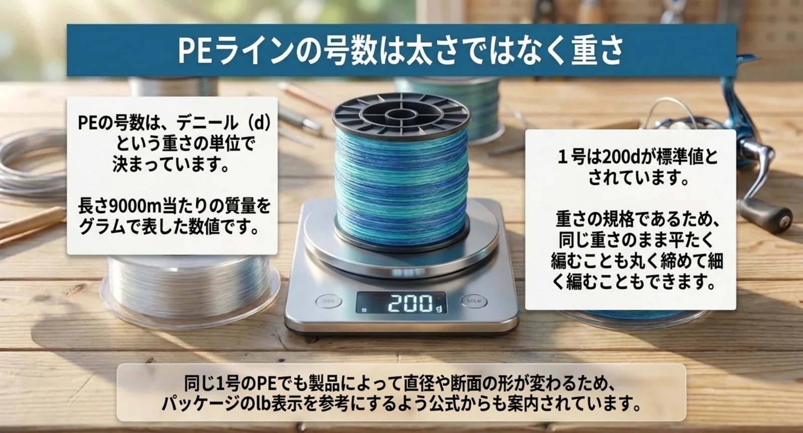 PEラインの号数が9000mあたりの重さで決まることを図で示したスライド