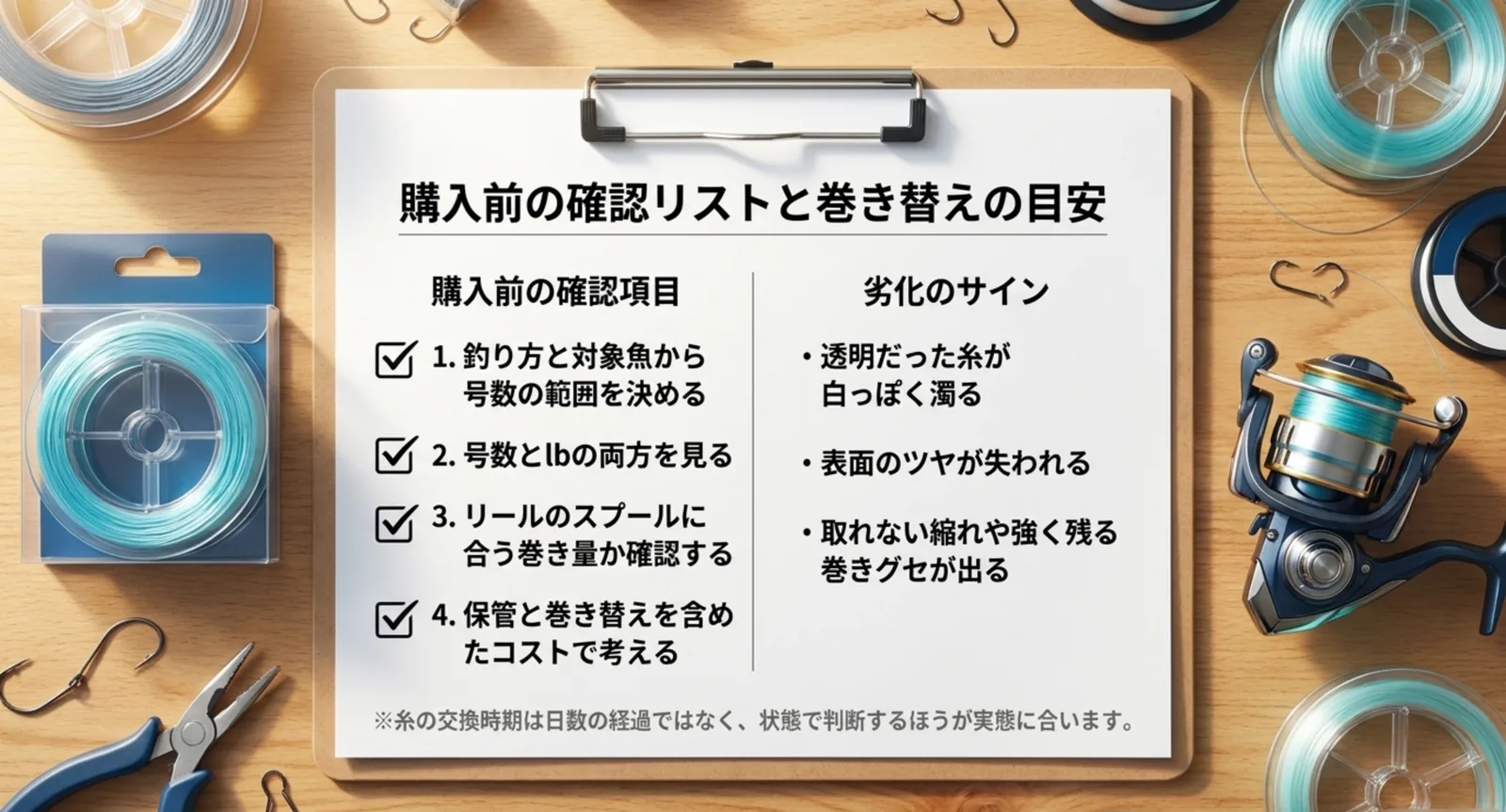 釣り糸を買う前に確認する4項目と巻き替えの目安をまとめたスライド