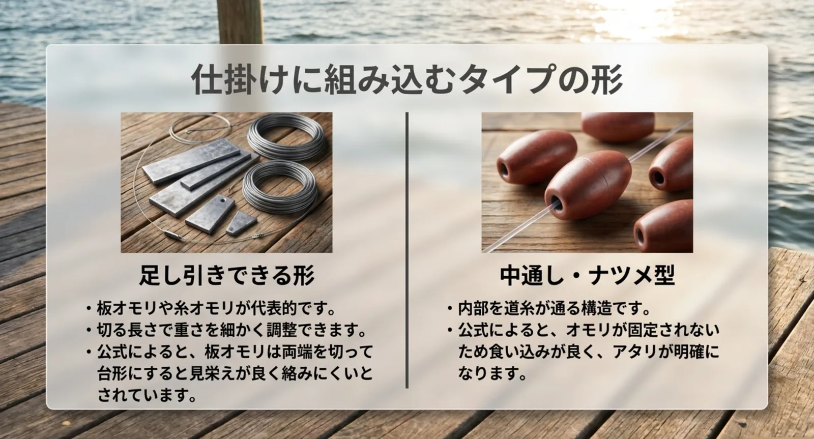 切って重さを調整できる板オモリと道糸を通す中通しオモリを比べたスライド