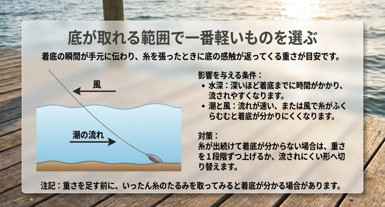 水深と潮や風が着底の分かりやすさに与える影響を図で示したスライド