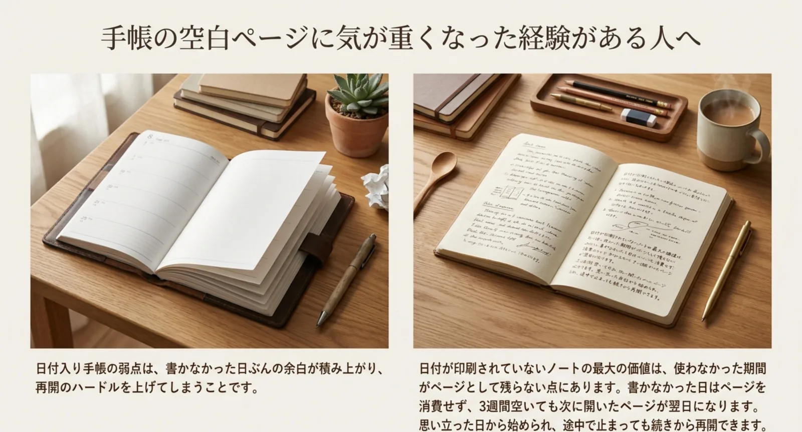 日付入り手帳の空白ページと日付なしノートを並べて違いを示したスライド