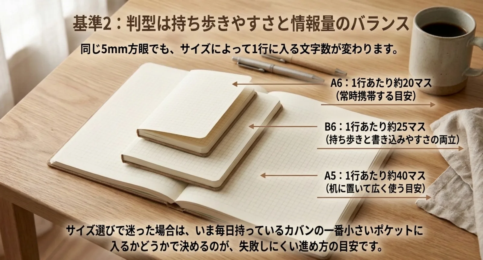 A5・B6・A6の方眼ノートを重ねて1行に入るマス数の違いを示したスライド