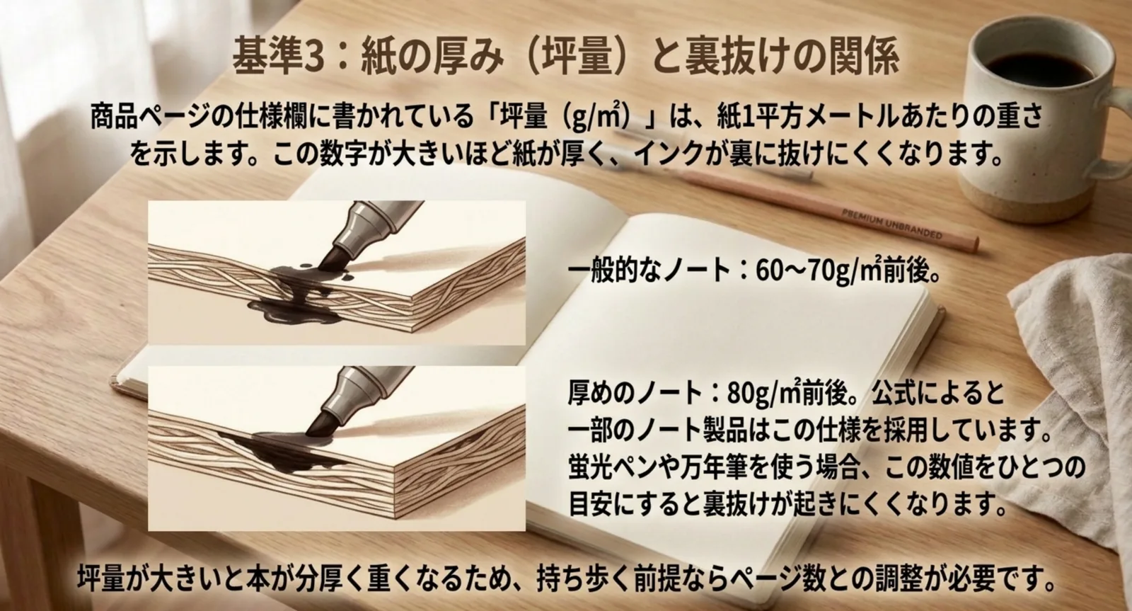 坪量の違うノートでインクの裏抜け方が変わることを断面図で示したスライド