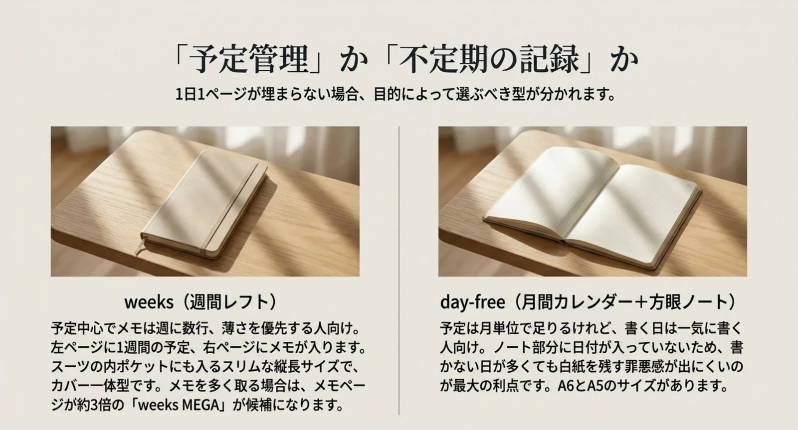 週間レフトのweeksと、月間カレンダーに方眼ノートを合わせたday-freeを左右に並べて比較したスライド
