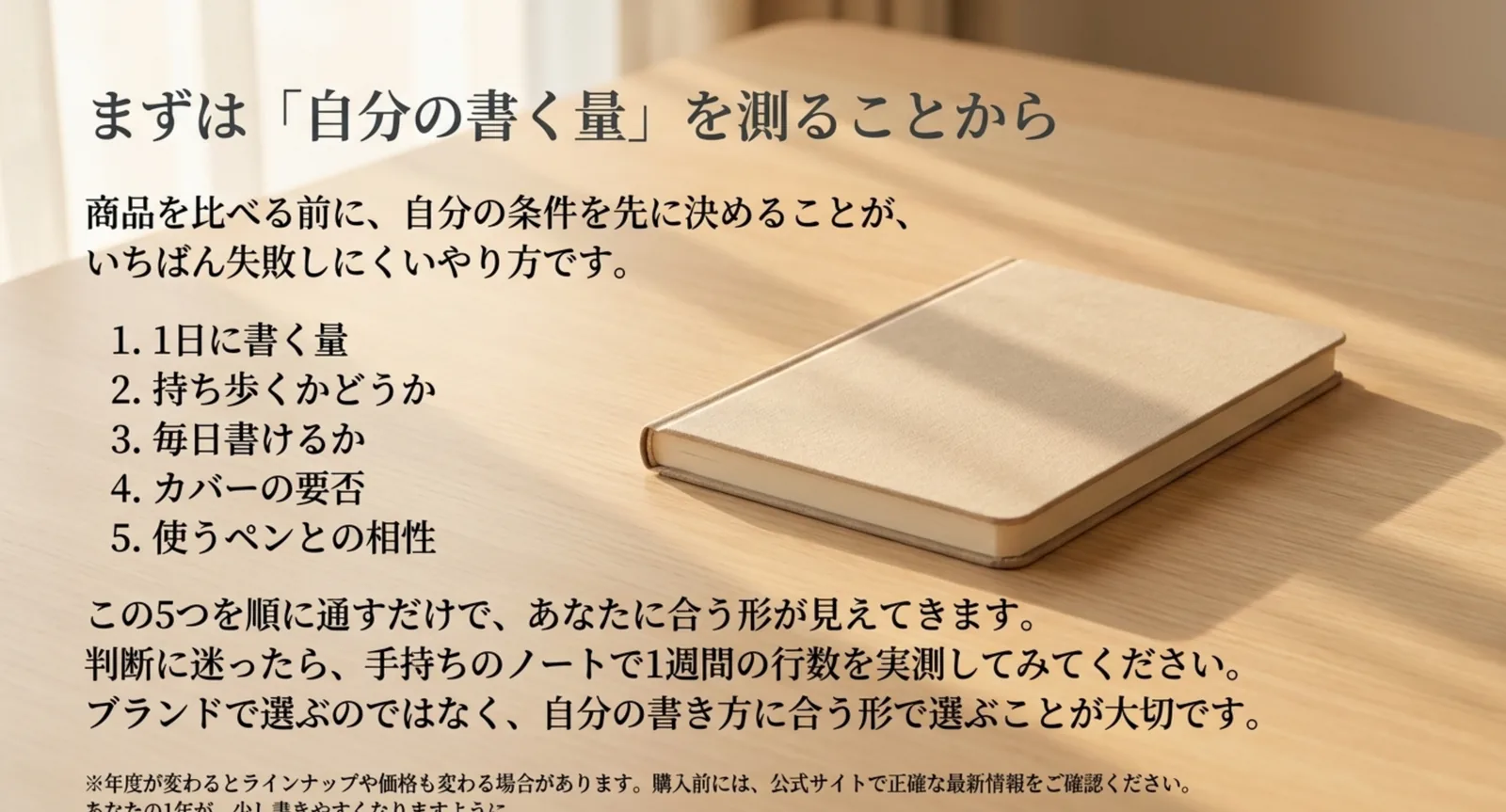 書く量・持ち歩き・毎日書けるか・カバーの要否・ペンとの相性という5つの基準を並べたまとめのスライド