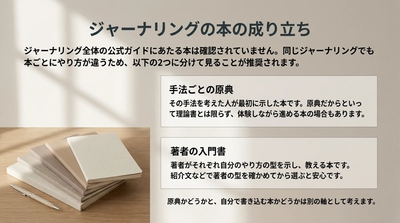 ジャーナリング全体の公式ガイドにあたる本は確認されていないことと、手法ごとの原典と著者の入門書に分けて見ることを示したスライド