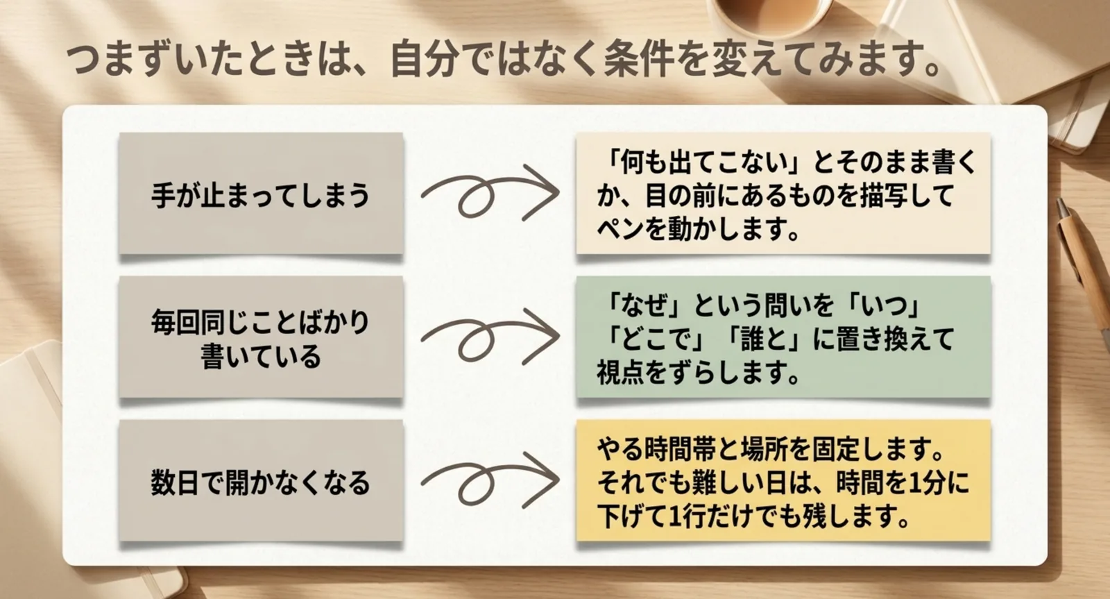 手が止まる・同じことを書く・開かなくなるの3つに対処法を並べたスライド