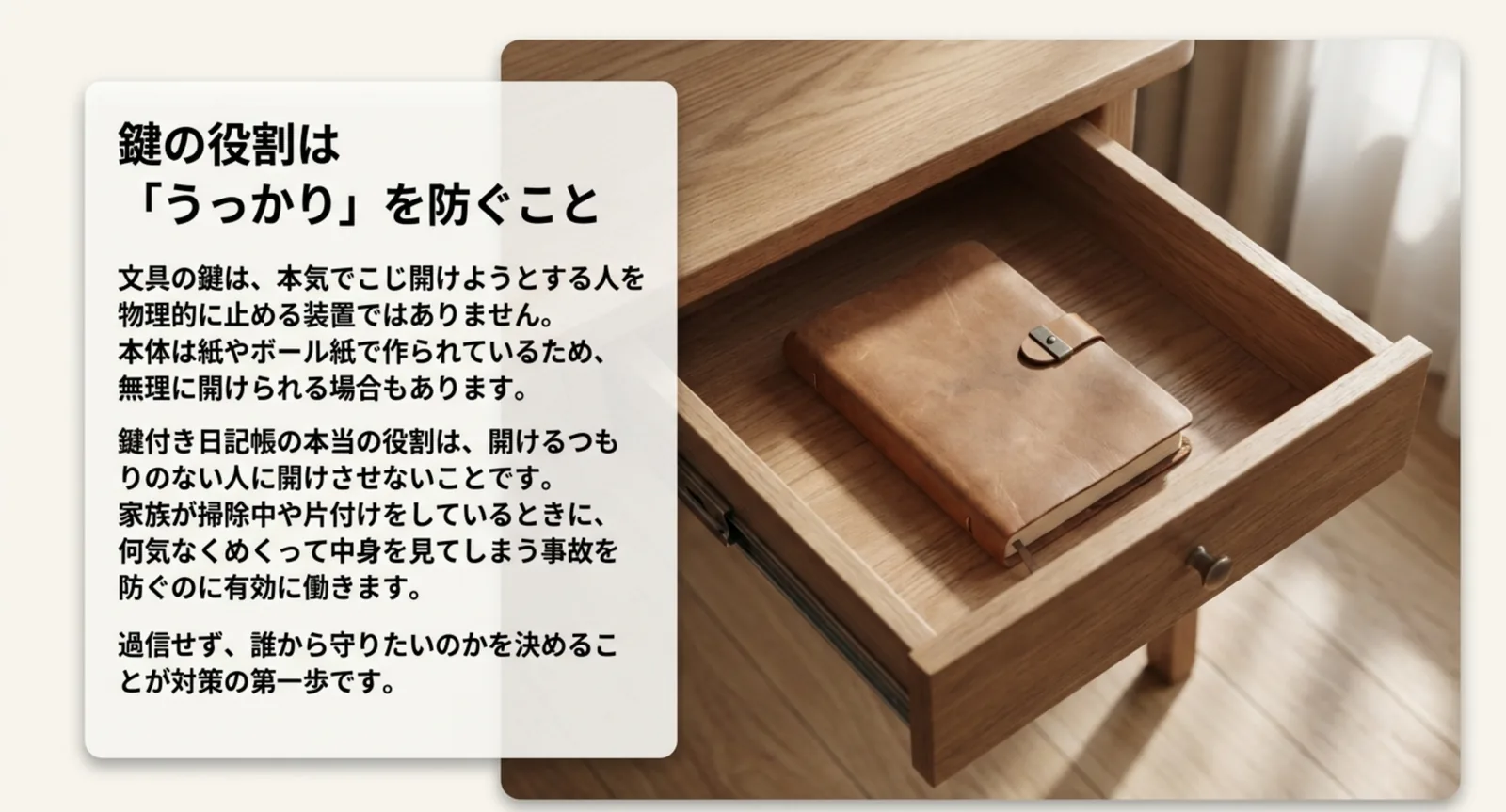 引き出しにしまった鍵付きの日記帳を写し、鍵で防げる範囲を説明したスライド