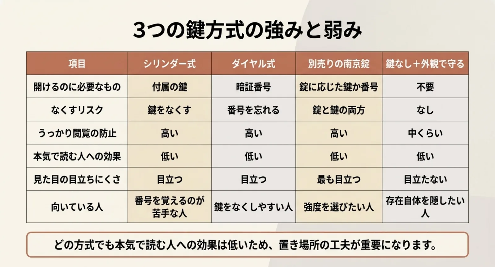 3つの鍵方式と鍵なしの選択肢をなくすリスクや目立ちにくさで比べた表のスライド