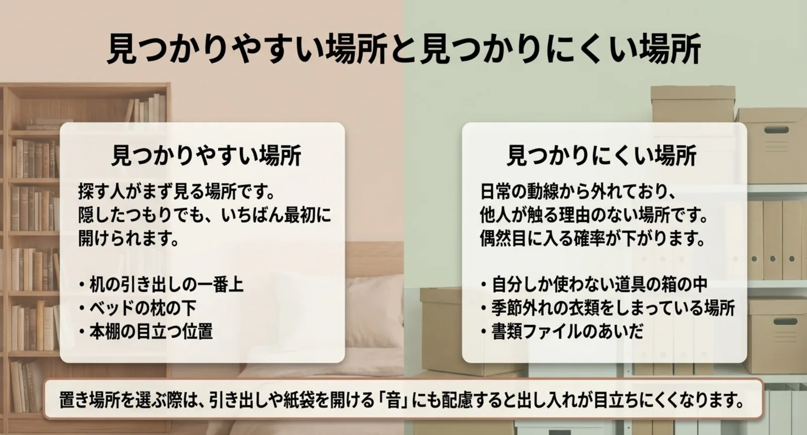 机の引き出しや枕の下と、道具箱や書類ファイルの間を対比したスライド