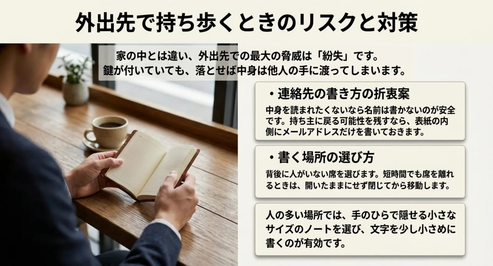 カフェで日記を書く人を写し、持ち歩くときの対策を並べたスライド