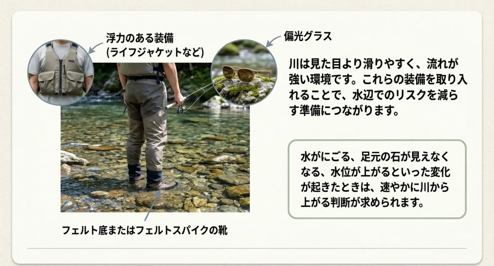 浮力のある装備・偏光グラス・フェルト底の靴という3点を、渓流に立つ釣り人の写真に引き出し線で示したスライド
