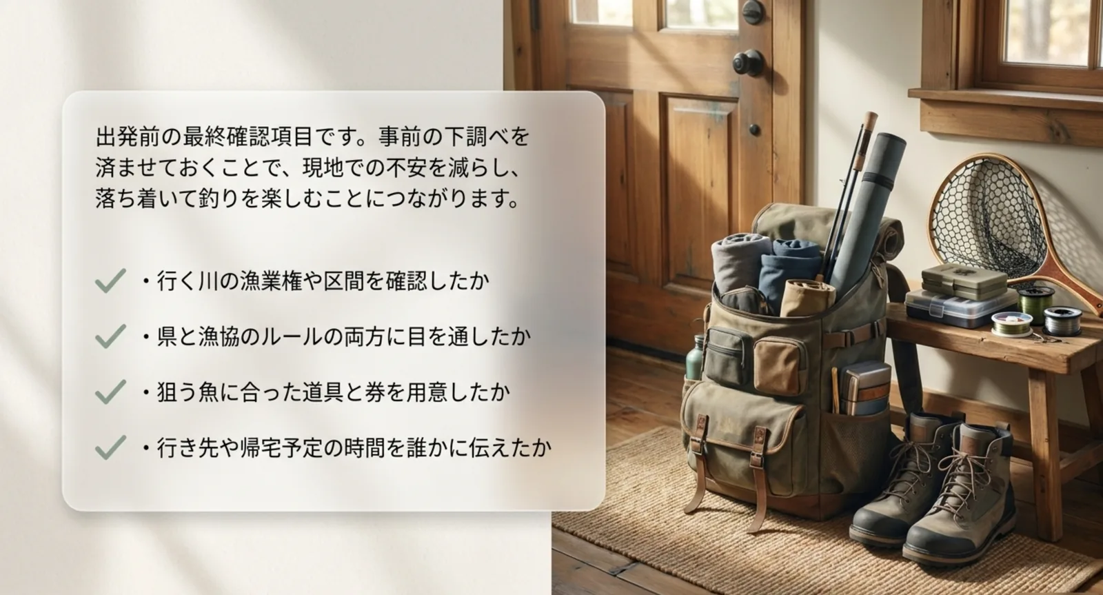 行く川の漁業権と区間、県と漁協のルール、狙う魚に合った道具と券、行き先の連絡という4項目を並べたチェックリストのスライド