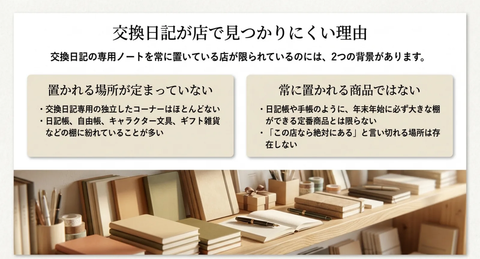 交換日記の専用ノートが店頭で見つけにくい理由を、置かれる場所が定まっていないことと常に置かれる商品ではないことの2点にまとめたスライド