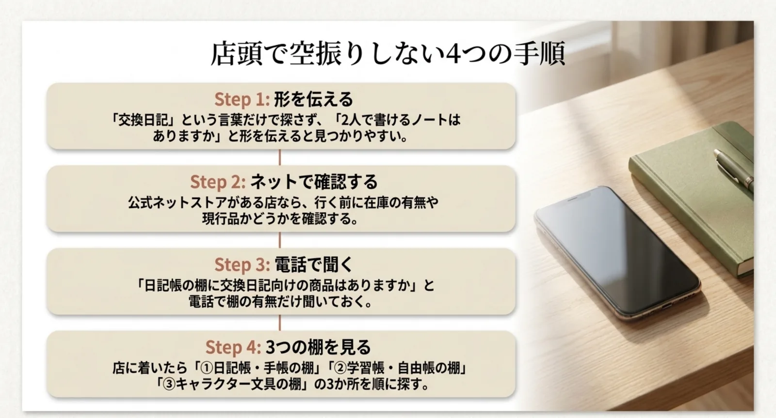 形で伝える、ネットストアで確認する、電話で棚の有無を聞く、店で3つの棚を見る、という4つの手順を順番に示したスライド