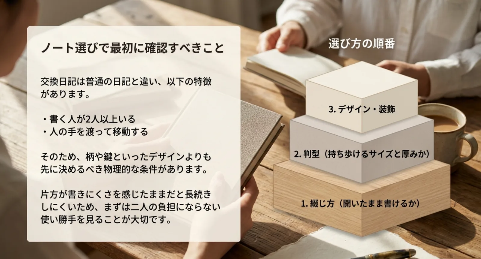 交換日記のノートを選ぶ順番を綴じ方・判型・デザインの3段で示したスライド