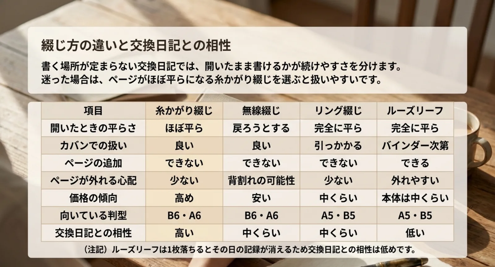 4つの綴じ方を平らさやページの追加など7項目で比べた表のスライド