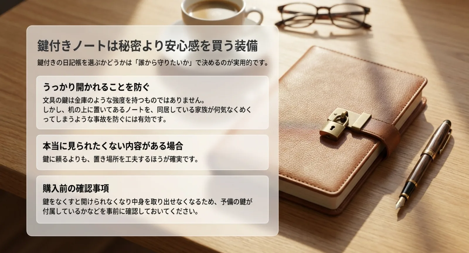鍵付きの日記帳を写し、鍵で守れる範囲と購入前の確認事項を並べたスライド
