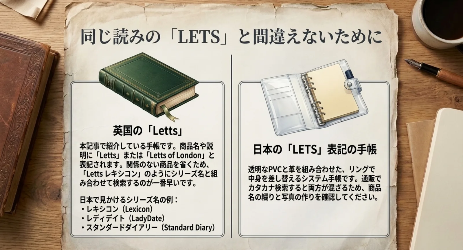 英国のLettsと、透明PVCのシステム手帳であるLETS表記の商品を左右に並べて区別を示したスライド