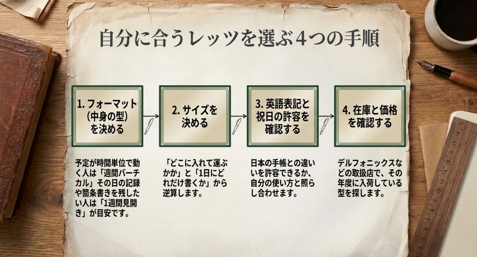 フォーマット、サイズ、英語表記と祝日の許容、在庫と価格の確認という4手順を並べたスライド
