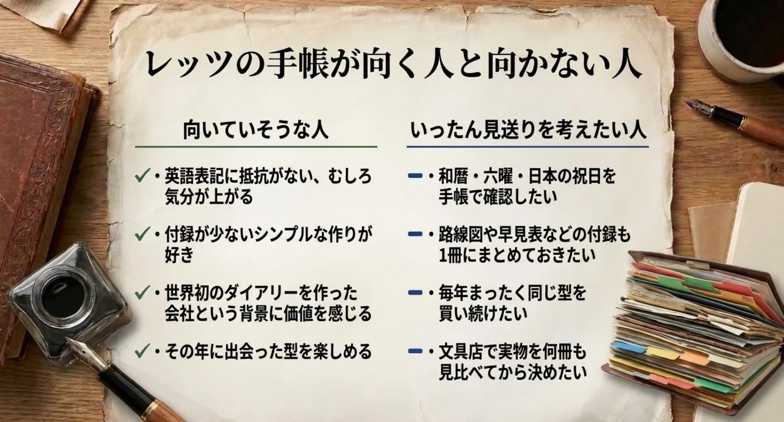 英語表記に抵抗がない人などの向いている条件と、和暦や祝日を確認したい人などの見送り条件を並べたスライド