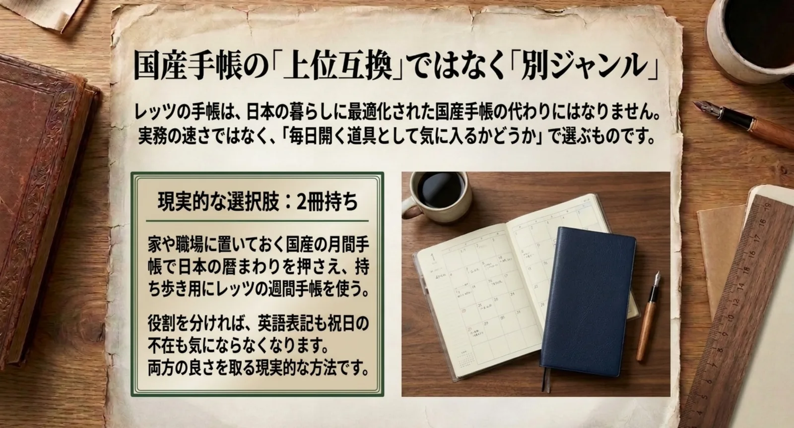 家や職場に国産の月間手帳を置き、持ち歩きにレッツの週間手帳を使う2冊持ちの提案を示したスライド