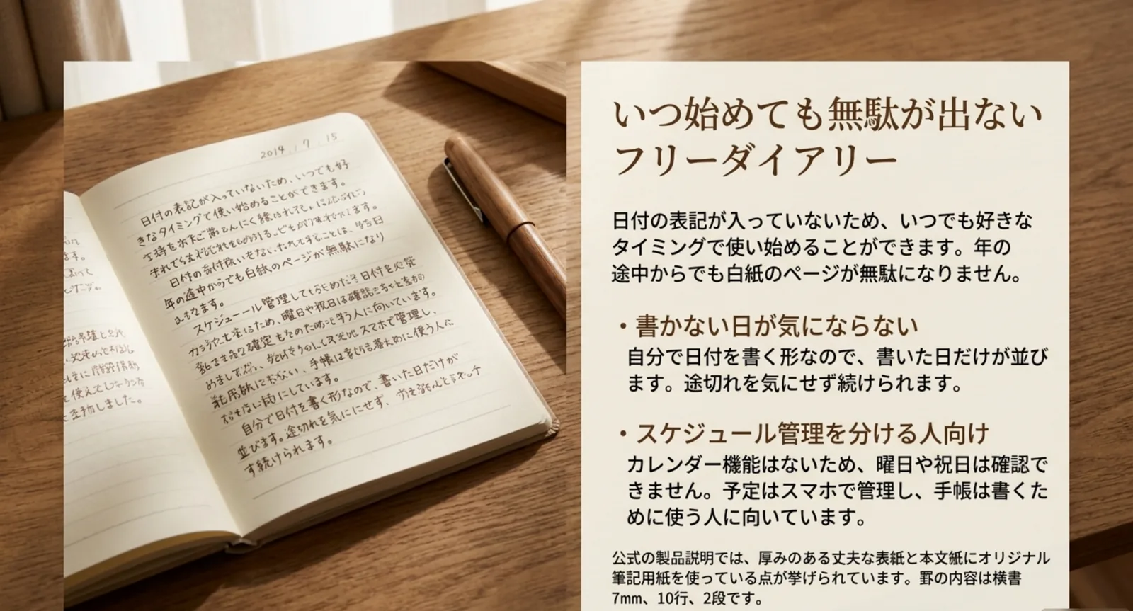 日付なしのフリーダイアリーに書き込んだページと特徴を並べたスライド