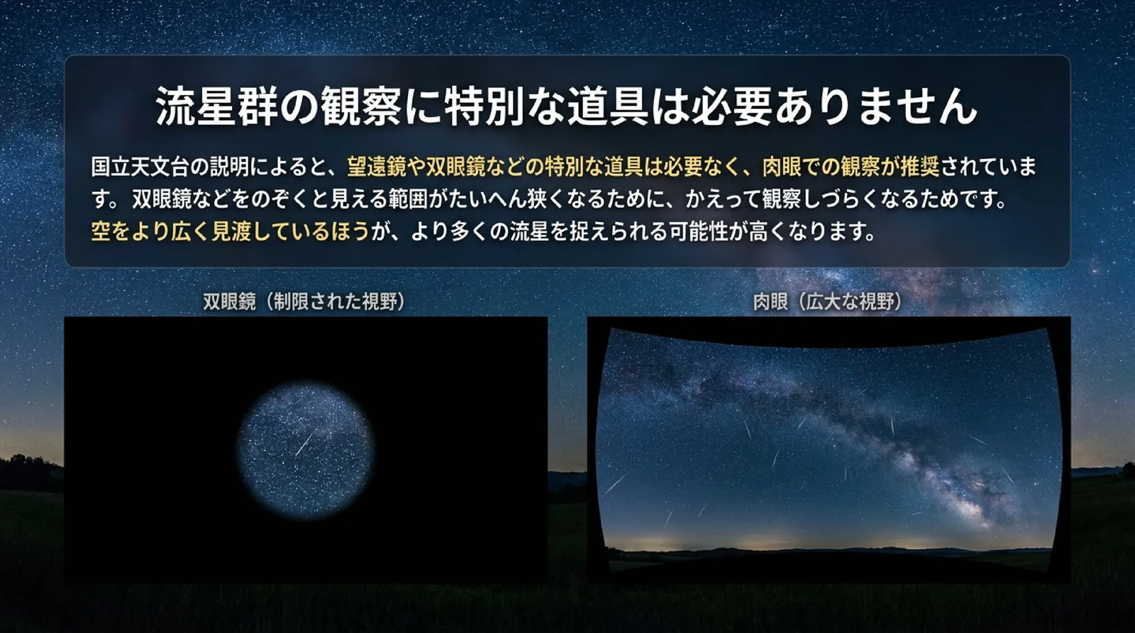 国立天文台が肉眼での観察をすすめていることと、双眼鏡の狭い視野と肉眼の広い視野を並べて、空を広く見渡すほうが多くの流星を捉えやすいことを示したスライド