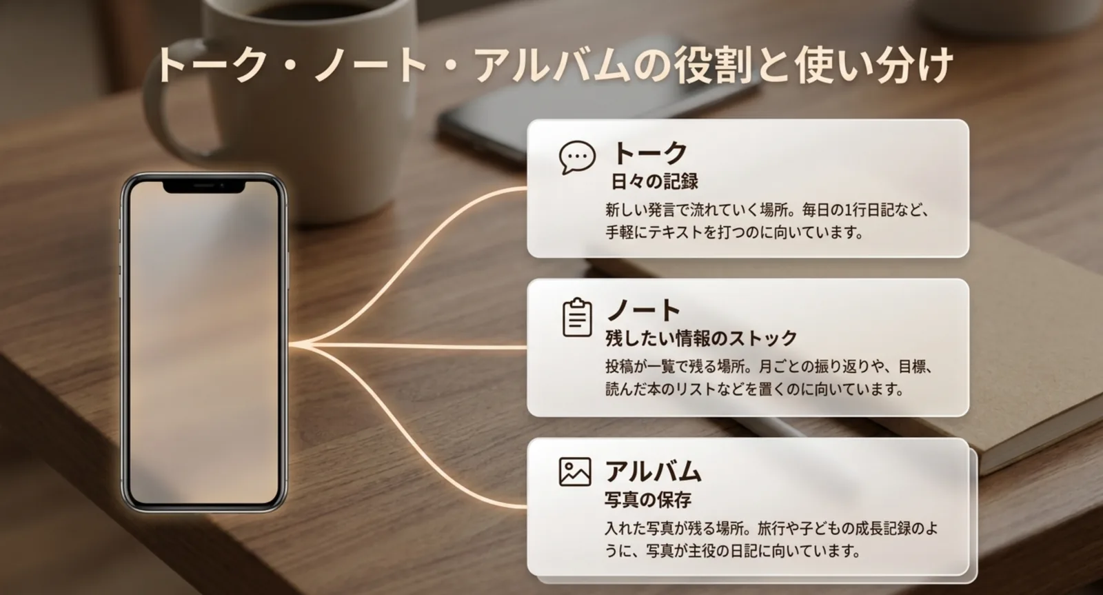 トーク・ノート・アルバムの役割の違いを3つに分けて示したスライド