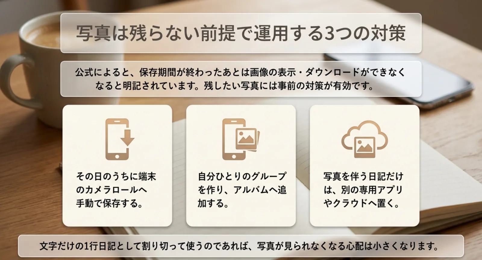 写真が見られなくなる前にできる3つの対策を並べたスライド