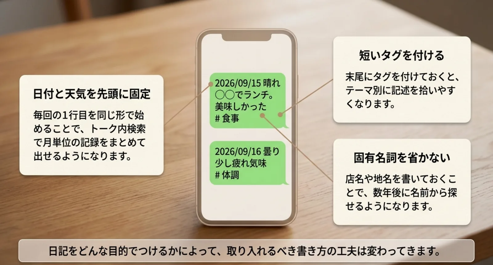あとから検索しやすい1行日記の書き方の工夫を示したスライド