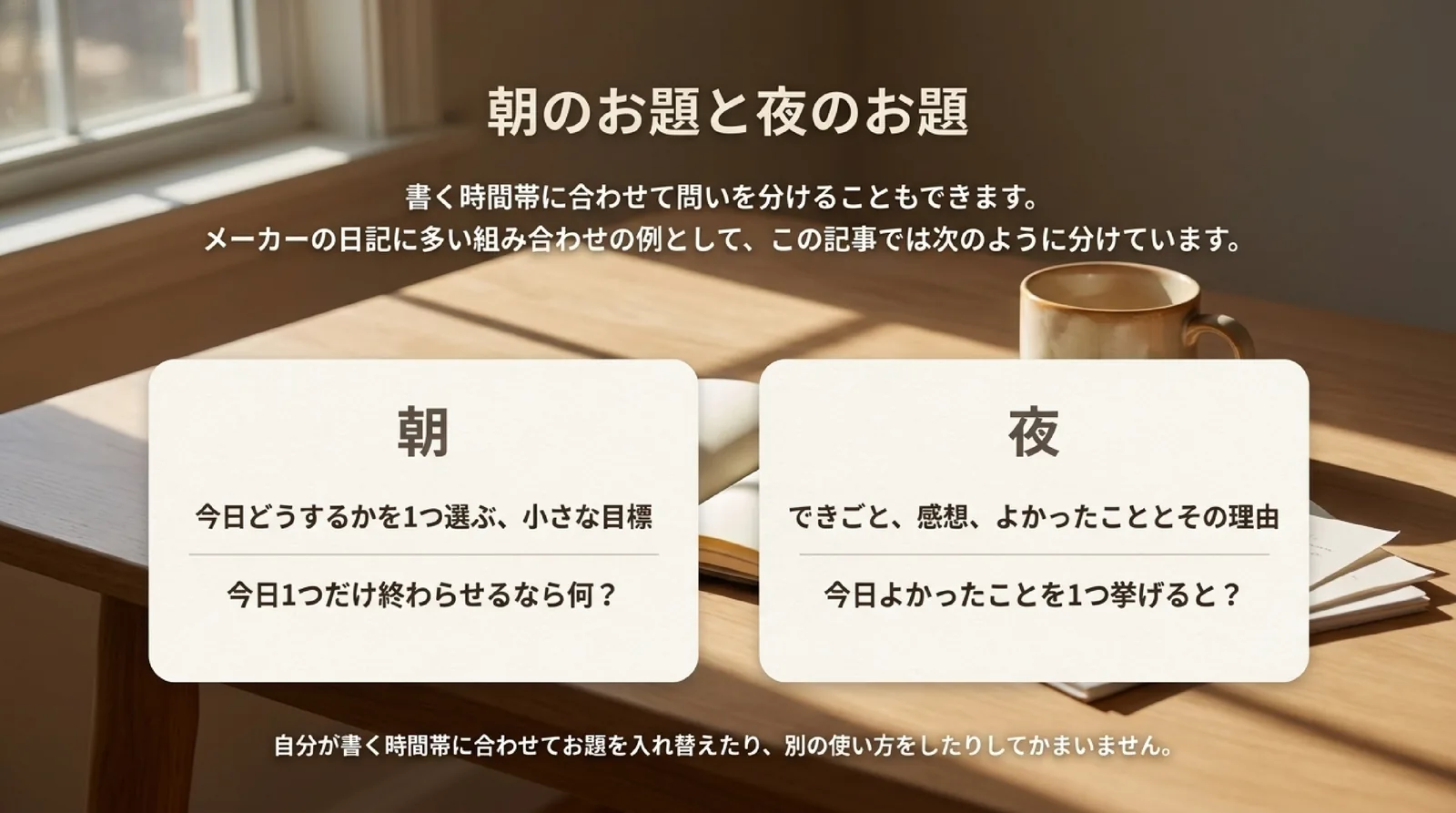 朝は今日どうするかを1つ選ぶお題、夜はできごと・感想・よかったこととその理由を並べるお題に分けた例を示したスライド