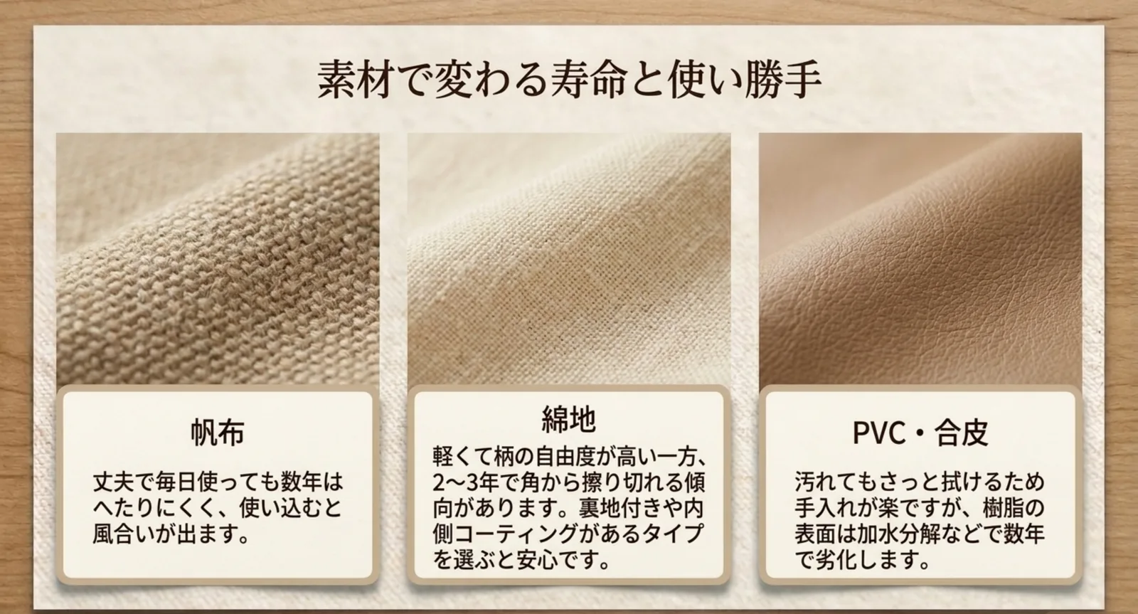 帆布と綿地とPVCの生地を並べて寿命と手入れの違いを示したスライド