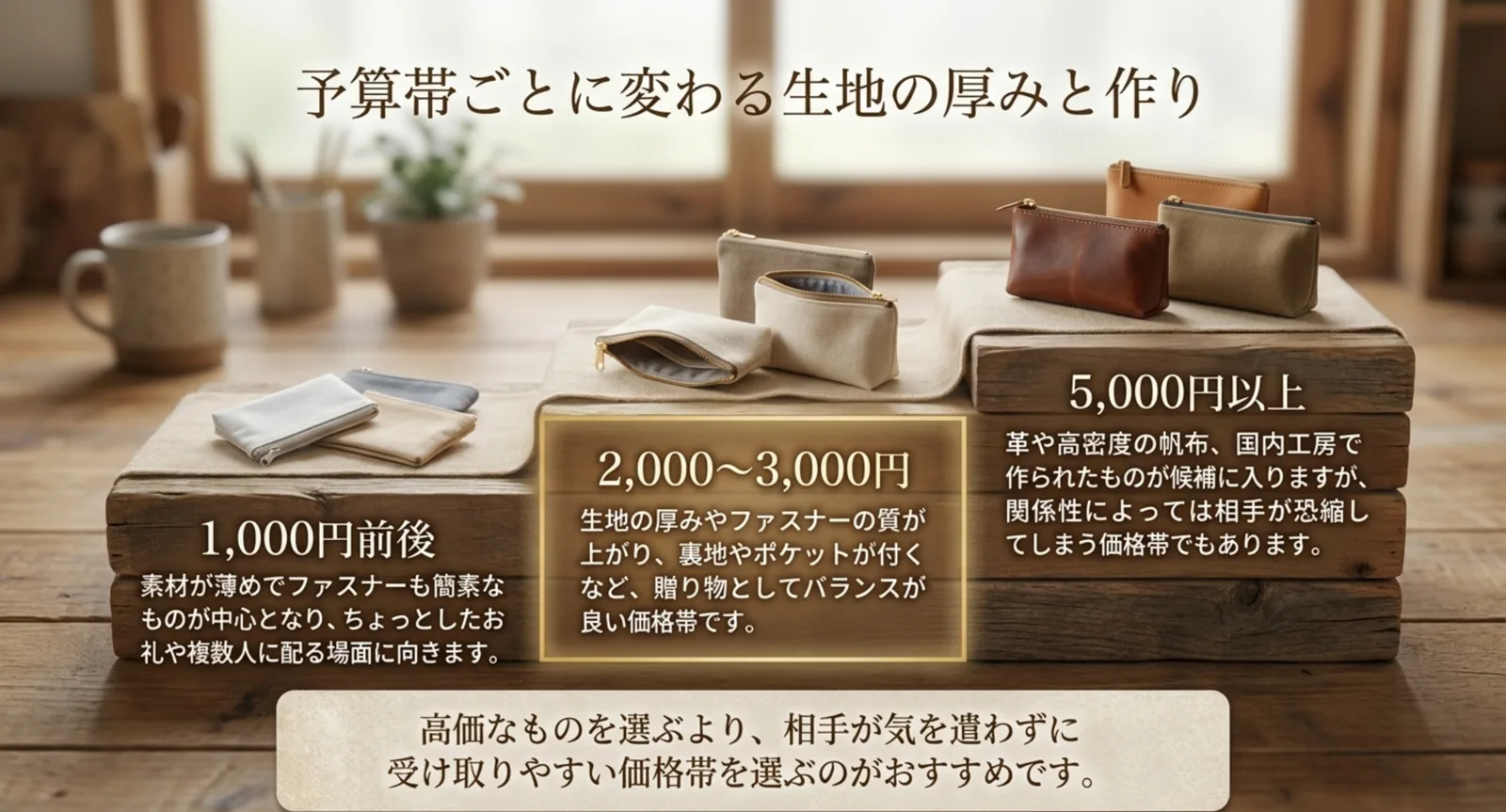 3つの予算帯ごとにペンケースの生地と作りの違いを並べたスライド