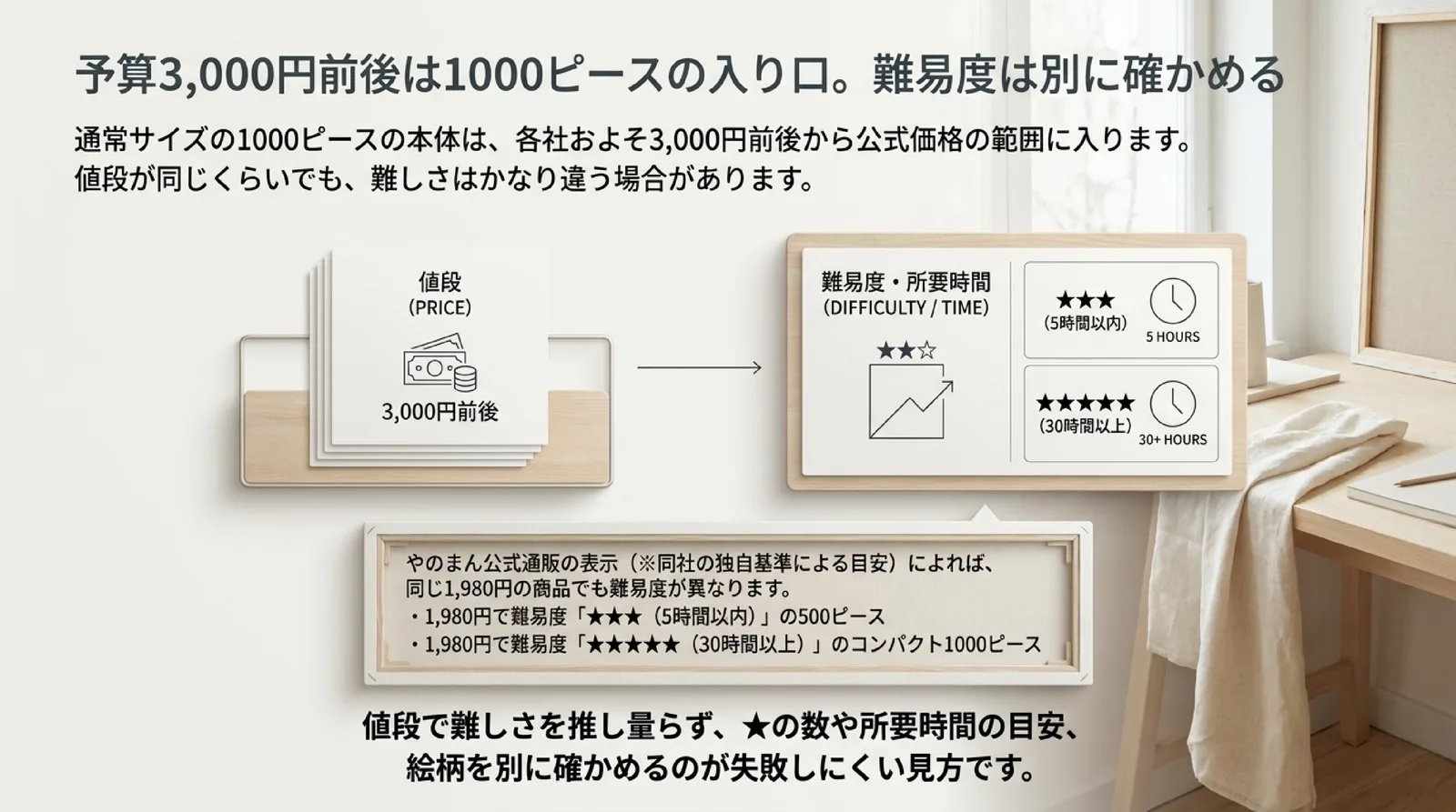 同じ1,980円でも難易度★3で5時間以内の500ピースと、★5で30時間以上のコンパクト1000ピースがあるという例を示したスライド