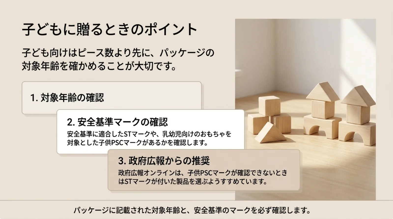 パッケージの対象年齢、STマークや子供PSCマーク、政府広報オンラインの案内を確かめる順番を示したスライド