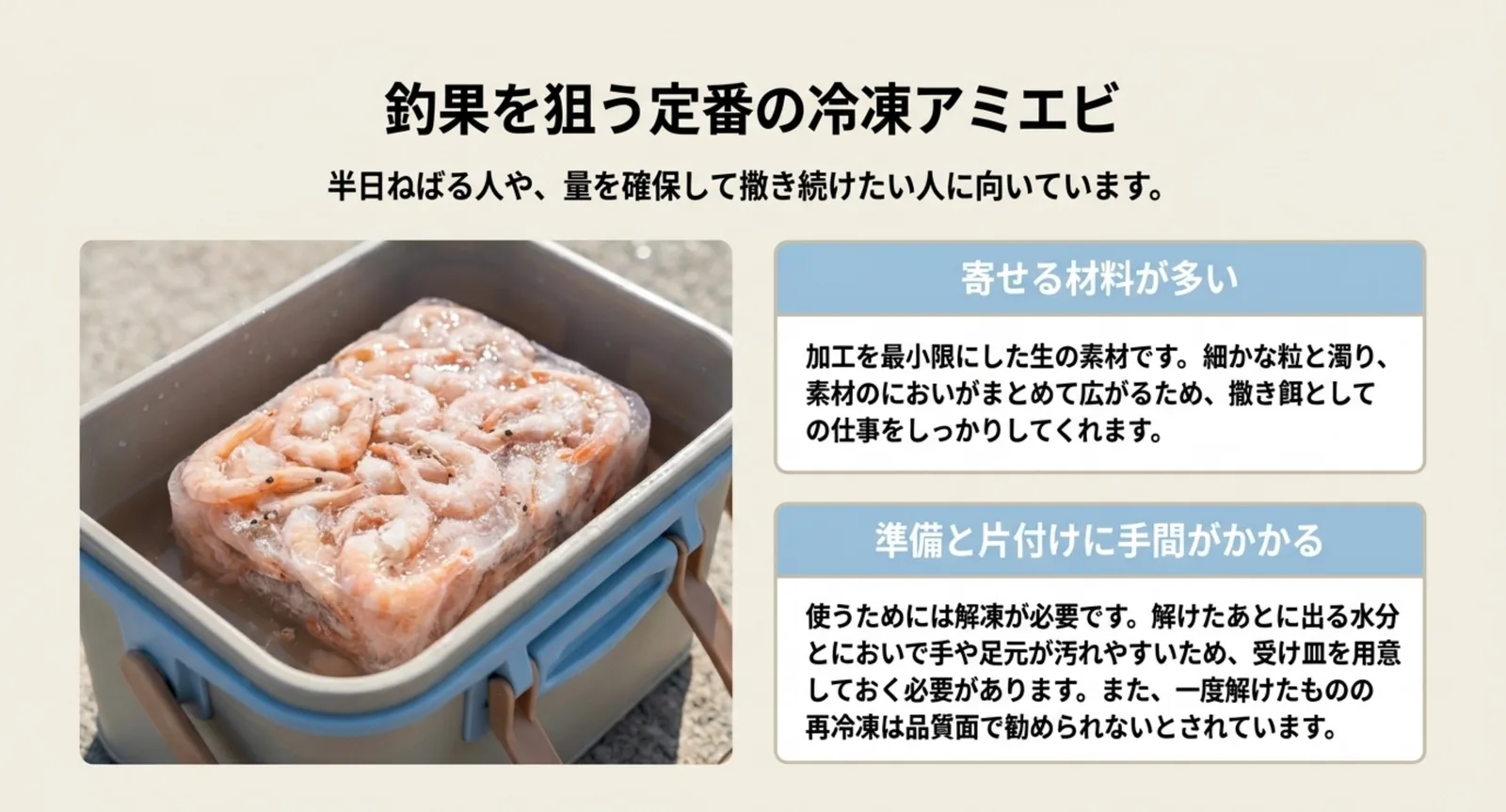 冷凍アミエビの寄せる力と解凍や後片付けの手間を並べたスライド