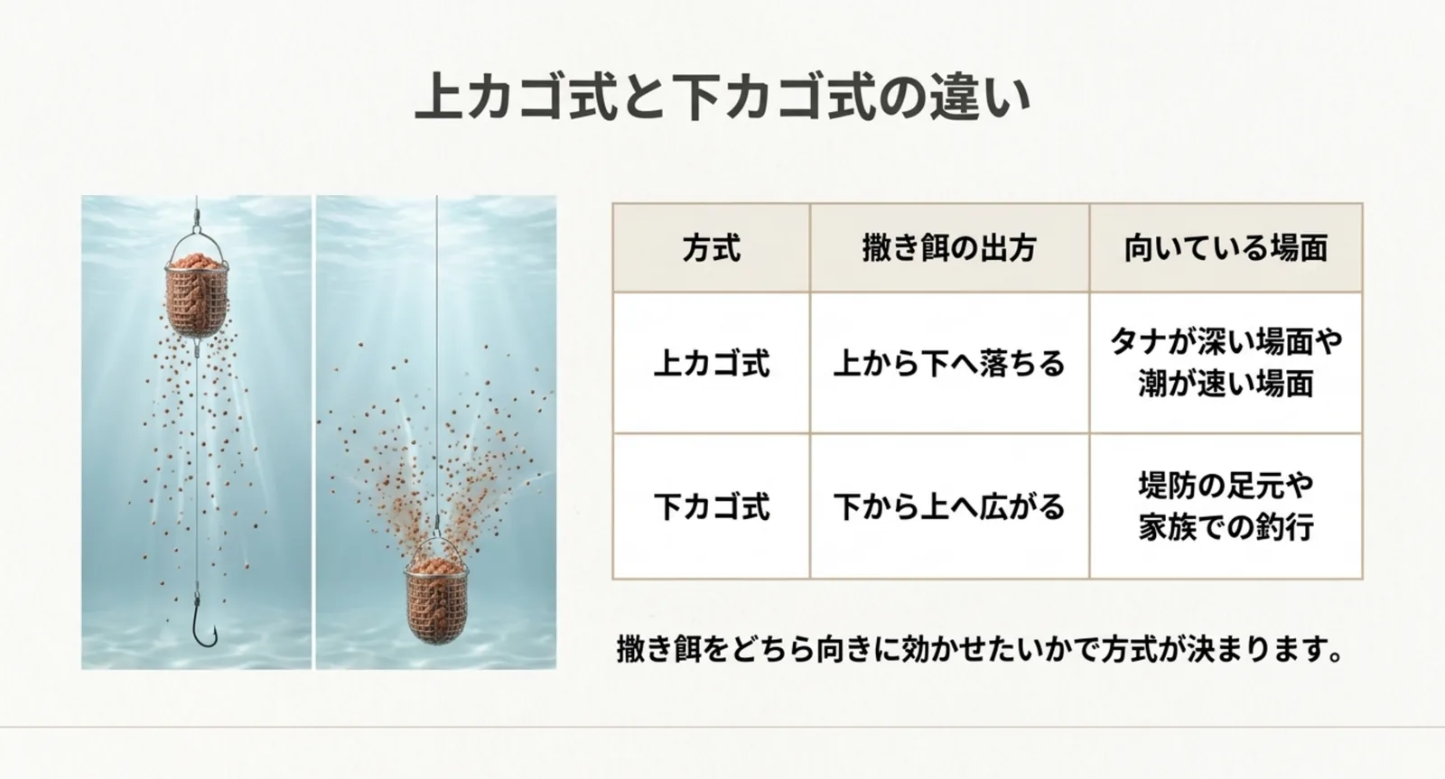 上カゴ式は上から下へ下カゴ式は下から上へ撒き餌が広がる違いを図で示したスライド